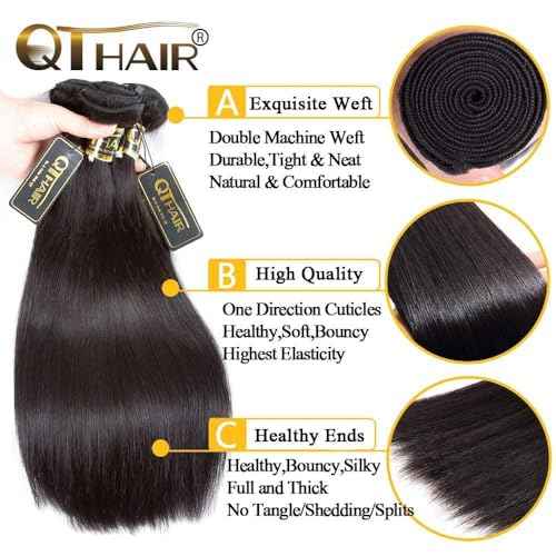 QTHAIR 16A Virgin Hair Brazilian Straight Hair Bundles with 4X4Lace Closure (12'' 14'' 16''+10'') 100% Unprocessed Straight Brazilian Virgin Hair Weave Natural Color