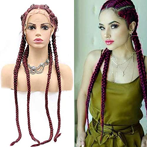 99J Red Braided Wigs for Black Women Long Straight Glueless Synthetic Lace Front Wigs Pre Plucked Hairline Knotless Box Braided Lace Front Wig with Baby Hair Heat Resistant Cosplay Drag Queen 30Inch