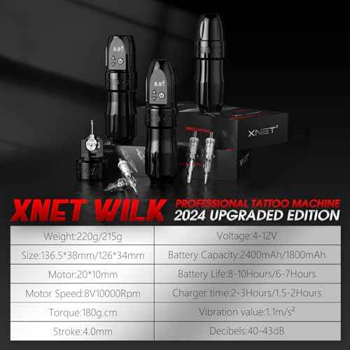 Xnet Wilk Wireless Tattoo Gun Machine Brushless Motor Straight Drive Bar - 2400mAh & Extra 1800mAh Batteries Rotary Tattoo Cartridge Pen with Digital Display for Professional Tattoo Artists& Beginners