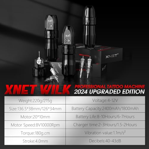 Xnet Wilk Cordless Tattoo Gun Machine Brushless Motor Straight Drive Bar - 2400mAh Capacity Battery Rotary Tattoo Pen with Digital Display for Professional Tattoo Artists & Beginners