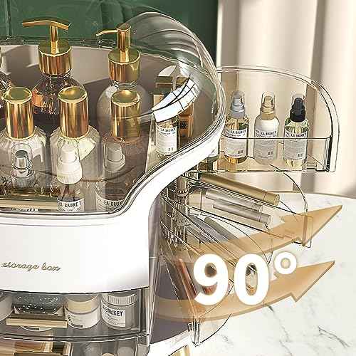 Makeup Organizer, Large Capacity Cosmetic Storage, Skincare Organizer with 2 Storage Drawers, Cosmetics Organizer for Skincare, Lipsticks, Perfume for Bathroom Countertop, Bedroom Dresser (White)