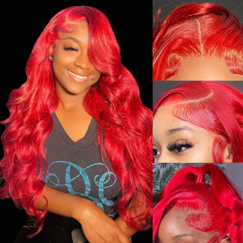 ELISHEVA Red Lace Front Wigs Human Hair Pre Plucked 24 Inch 16A 13x4 Red Wig Human Hair 200% Density Colored HD Body Wave Lace Front Wigs Colored Red Glueless Frontal Wigs