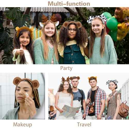 Beviliu 4 Pack Animals Ears Headband - Realistic Bear Ears Lion Ears Deer Ears Dalmatian Dog Ears Fluffy Hairband Halloween Christmas Animal Costume for Cosplay Party Washing Makeup