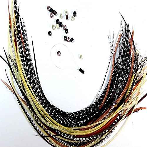 Feather Hair Extensions ? 100% Real Rooster Feathers, 20 Natural Color Feathers, Ranging from 8 to 11 Inches, Includes 20 Micro Beads and Loop Tool Kit