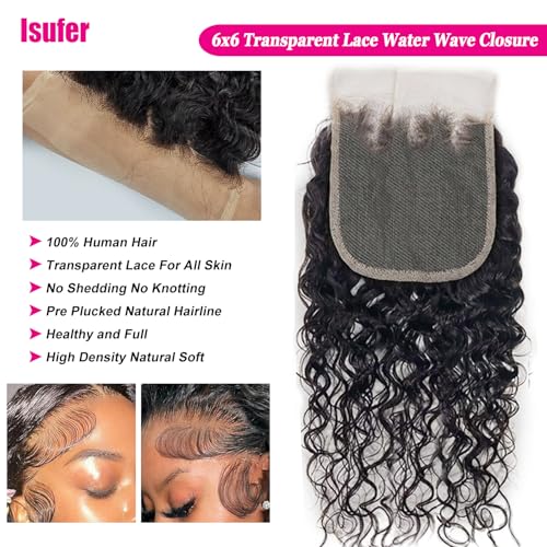 10A Grade Unprocessed Water Wave Closure 6x6 Frontal Hd Transparent Lace 22 Inch Pre Plucked Natural Hairline With Baby Hair High Density Brazilian Virgin Human Hair