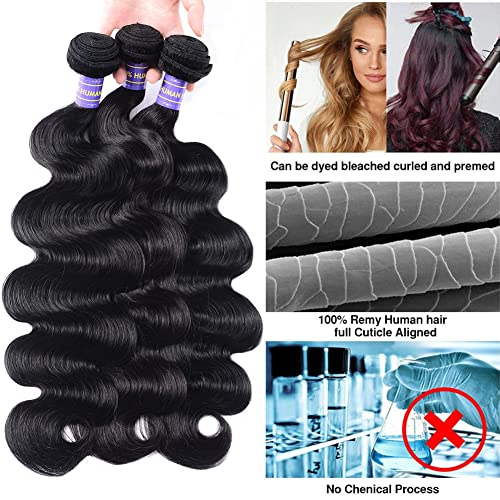 Body Wave Bundles with Closure (12 14 16+10£¬Free Part) Brazilian Virgin Hair Weave Bundles with Lace Closure Body Wave Human Hair Bundles and Closure Hair Weft Natural Color for Black Women