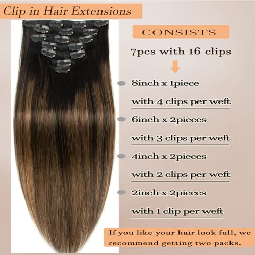 Dark Highlight Clip in Hair Extensions Ombre Real Human Hair Natural Black Mix Chestnut Brown 18 Inch 7pcs 120g Remy Human 16 Clips Ins Double Weft Straight Hair Extensions for Woman