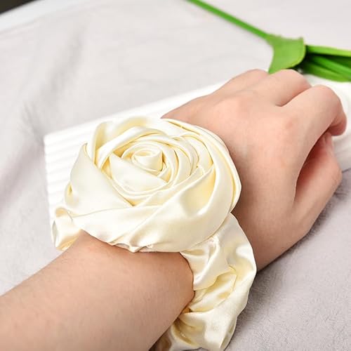Guqqeuc Satin Rose Hair Scrunchie with Flower Hair Bow for Women Girls Silk Scrunchy Hair Elastics for Long Thick Hair