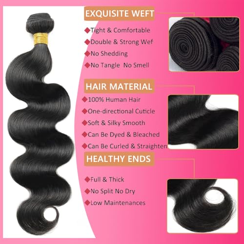 Body Wave Bundles Human Hair 16 18 20Inch 100% Unprocessed 12A Brazilian Virgin Raw Bundles Human Hair 3 Quick Weave Hair Bundles for Women Hair Extensions Natural Black
