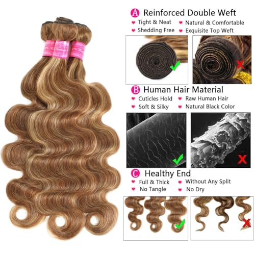 Highlight Human Hair Bundles Body Wave P4/27 Ombre Brown Body Wave Bundles Colored (14 16 18 Inches) Honey Blonde Human Hair Brazilian Virgin Hair Weave 100% Natural Herbal Dyeing