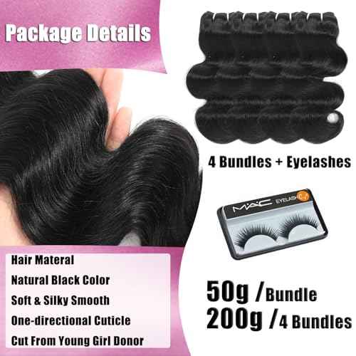 Body Wave Bundles Human Hair 14 Inch 12A Human Hair Bundles 100% Unprocessed Brazilian Virgin Hair Weave 4 Bundles Human Hair Natural Black Color (14/14/14/14 Inch, 4 Bundles)