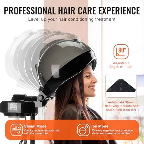 VEVOR Professional Hair Steamer for Deep Conditioning, 11.81-inch Hooded Ionic Hair Steamer with 2 Modes, Height-Adjustable Standing Hair Steamer with Timer, 5 Wheels (2 Lockable) for Salon Home Spa