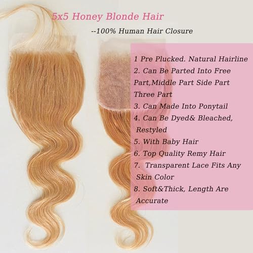 Honey Blonde Closure 5X5 Lace Closure Color #27 Closure 10a Human Hair Natural-Hair-Line Pre Plucked With BabyHair 22 Inch
