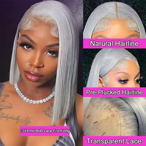 Silver Grey Bob Wig Human Hair 14 Inch 13x4 HD Straight Grey Bob Lace Front Wigs Human Hair Wear and Go Glueless Wig Pre Plucked with Baby Hair Short Grey Bob hd Lace Frontal Wigs For Black Women