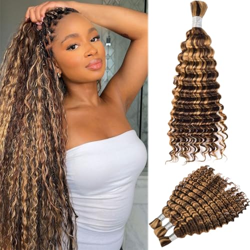 30 Inch Highlight Honey Blonde Human Braiding Hair for Boho Braids Deep Curly Bulk Human Hair for Braiding No Weft 2 Bundles 100G Water Wave Wet And Wavy Micro Braiding Extensions