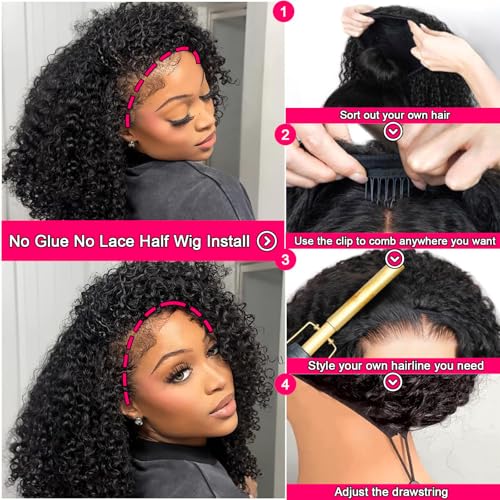 Kinky Curly Half Wig Human Hair Glueless Human Hair Wig 200 Density 3 In 1 Seamless Flip Over Half Wigs Human Hair Drawstring Headband Wig for Women 18 Inch