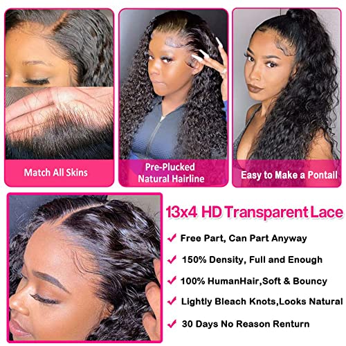 Lace Frontal Wigs Human Hair Water Wave Wig HD Transparent Lace Front Wigs Human Hair Wet and Wavy Virgin Hair Wigs Pre Plucked Hairline with Baby Hair Deep Wave Human Hair Wigs for Women 20
