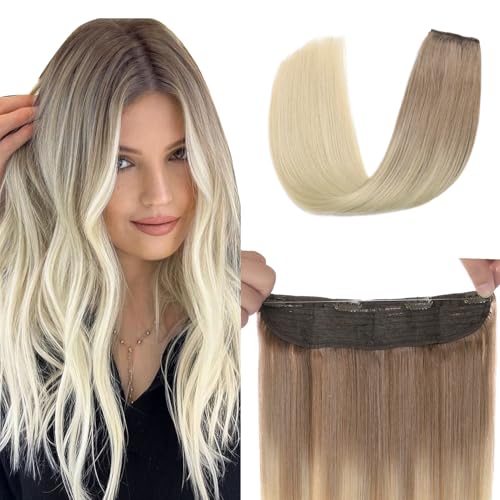 XDhair Wire Hair Extensions Human Hair 70g 16 Inch Ombre Light Brown to Ash Blonde Fish Wire Hair Extensions Invisible Straight 16 Inch #8T60