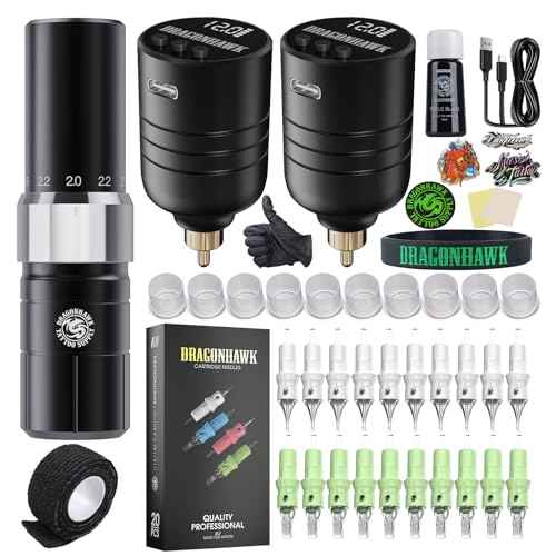 Dragonhawk Tour Y23 Wireless Tattoo Kit 2 Replaceable Batteries Tattoo Pen Machine Gun Kit with 6 Strokes Length Change