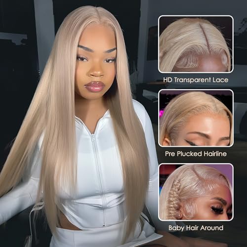 613 Straight Ash Blonde Wig Human Hair, 13x6 HD Lace Front Wigs Human Hair, Glueless & Pre Plucked Human Hair Wig with Baby Hair, 180% Density Ash Blonde Wig (18inch)