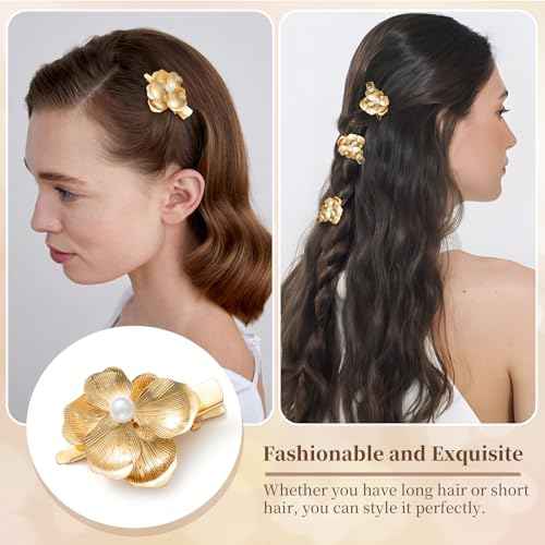 6 Pack Gold Flower Hair Clips for Girls, Small Hair Claw Clips with Pearl Accents, Metal Alligator Hair Barrettes Hair Clips for Styling - Gift Ready Floral Hair Accessories for Women