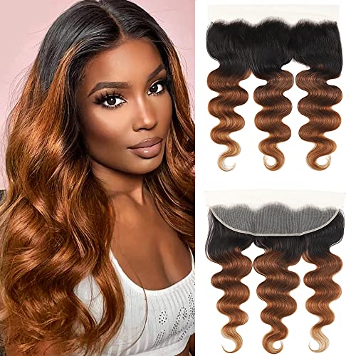 1B/30 Body Wave Lace Frontal Closure - 13x4 Transparent Ear To Ear Ombre Frontal 12A Unprocessed Brazilian Virgin Human Hair #1b/30 Pre Plucked with Baby Hair (20inch)