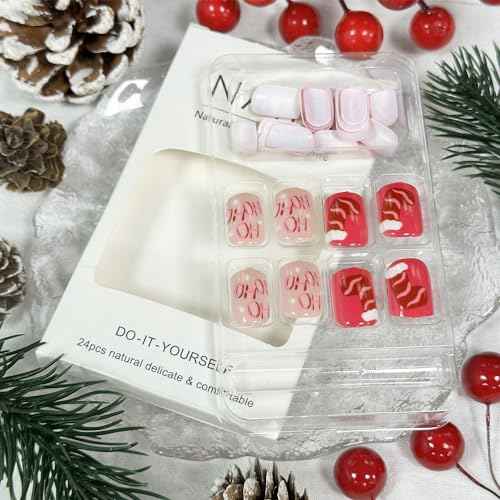 Christmas Press on Nails Short Square Fake Nails, Pink Press on Nails Winter Xmas Santa Claus with Design Christmas Glue on Nails Full Cover Stick on Nails for Women Christmas Manicure Tips 24Pcs