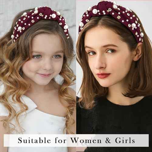 Pearl Knotted Rhinestone Wide Top Knot Beaded Jeweled Headbands for Women's Hair - Crystal Embellished for Christmas Holiday Gifts