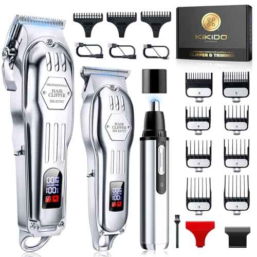 KIKIDO Hair Clippers for Men, Professional Cordless Hair Trimmers Set, Rechargeable Nose Hair Beard Trimmer, Hair Cutting Machine Haircut Grooming Kit (Sliver-3)