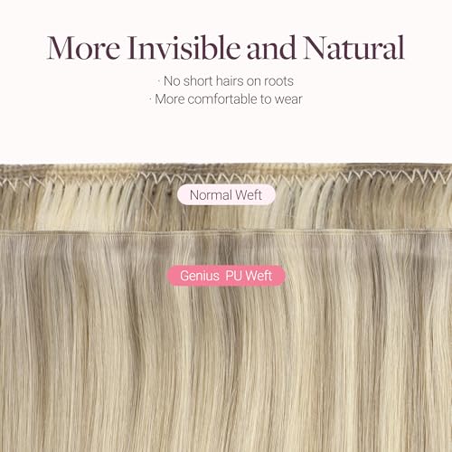 GOO GOO Tape In Weft Hair Extensions Human Hair, Genius PU Long Weft Tape In Hair Extensions Real Human Hair, Silky Easy to Use, P17A/60A Ash Blonde Highlighted Platinum Blonde 18 inch 50g