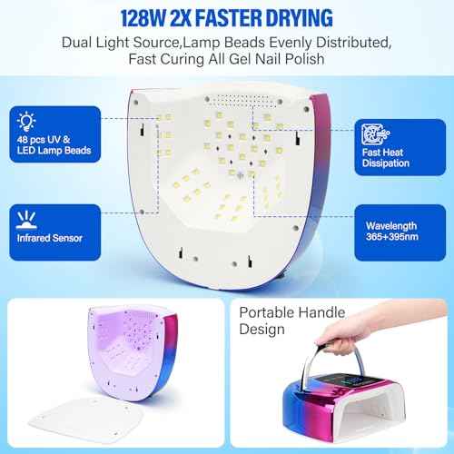 UV LED Nail Lamp Dryers Cordless 128W Portable Rechargeable UV Light for Gel Nails Polish Kit,Fast Curing Wireless Builder Gel Lamp with Sensor 3 Timer LCD Display 48 LED,Manicure Pedicure Art Tools