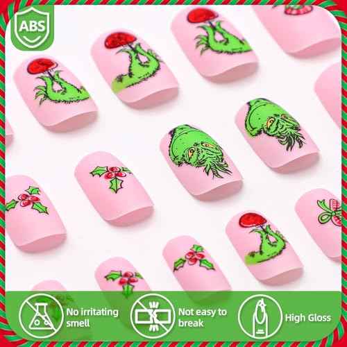 Christmas Press on Nails Short Square Fake Nails Pink Stick on Nails Winter False Nails with Fun Cartoon Green Haired Monster Designs Xmas Candy Cane Press on Nails for Women Girls Holiday Manicure
