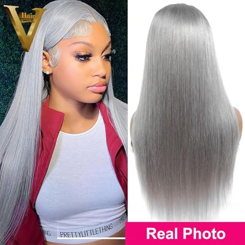 200% Density Silver Grey Lace Front Wigs Human Hair For Women No Mixed Fiber Double Drawn Straight Virgin Hair Wig 13x4 UHD Lace Frontal Wig Brazilian Hair 18 Inches
