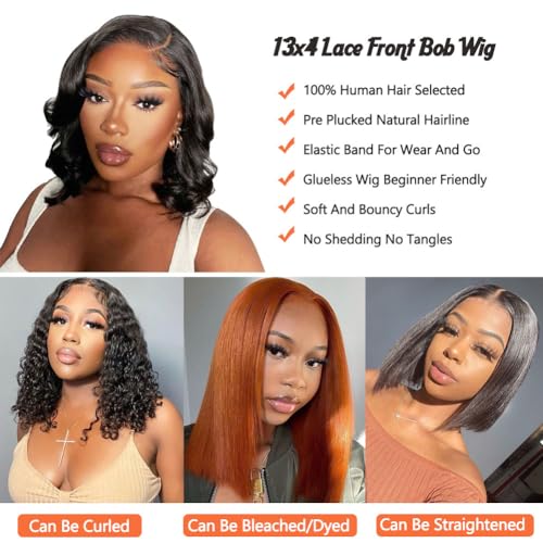 14 Inch Short Bob Wig Human Hair Wigs For Black Women 13x4 Glueless Lace Front Wigs Pre Plucked Transparent HD Brazilian Body Wave Lace Frontal Wigs Loose Wavy Human Hair Wig