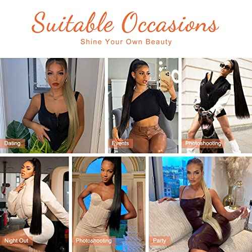SEIKEA 28" Ponytail Extensions Drawstring Long Straight Fake Pony Tail Natural Soft Clip in Hair Extension Synthetic Heat Resistant Hairpiece - Black Brown