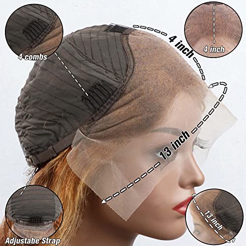 Highlight Ombre 13x4 Body Wave HD Lace Front Wig Human Hair Pre Plucked Transparent 4/27 Honey Blonde lace frontal Wigs with Baby Hair 150% Density Colored 22 Inch