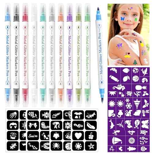 Temporary Tattoo Pens for Skin, 10 Body Markers + 56 Large Tattoo Stencils for Kids and Adults, Dual-End Tattoo Pens Make Bold and Fine Lines with Cosmetic-Grade Tattoo Ink