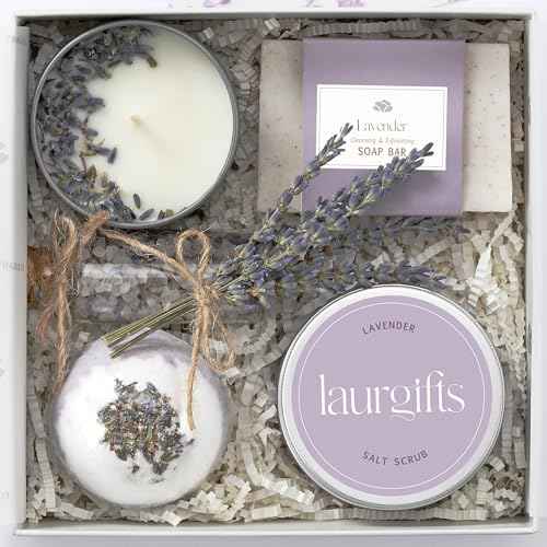 Lavender Small Spa Gift Box for Women ? Relaxing Self Care Set with Candle, Bath Bomb, Soap & Scrub ? Birthday, Thank You, Christmas, Housewarming, Bridal Shower, Get Well Soon Gift Basket for Her