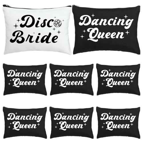 7 Pcs Disco Bride Bachelorette Party Makeup Bags Dancing Queen Bachelorette Gifts Canvas Cosmetic Bags Set for Women Bridal Shower Wedding Party Supplies Dancer