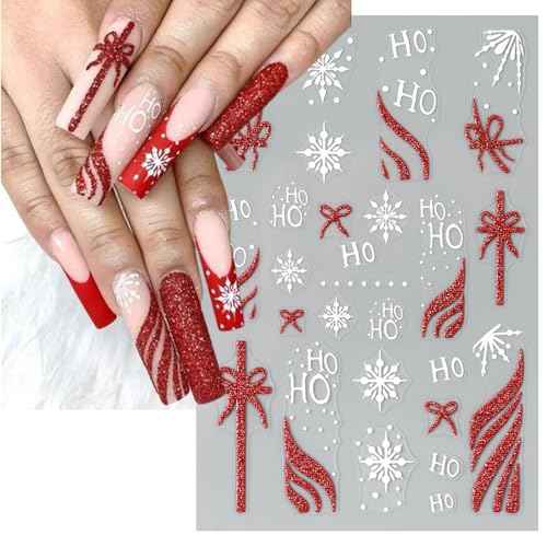 Christmas Gift Bow Nail Art Stickers, Santa Hat Elk Snowflake Design, 3D Self-Adhesive Glitter French Nail Tip Winter Holiday Nail Decals for Women (5 Sheets)