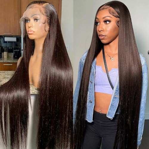 Azkiu 32 Inch Chocolate Brown Lace Front Wigs Human Hair 13x6 Straight HD Lace Front Wigs Pre Plucked Straight Human Hair 13x6 HD Frontal Human Hair Wig for Women 200 Density