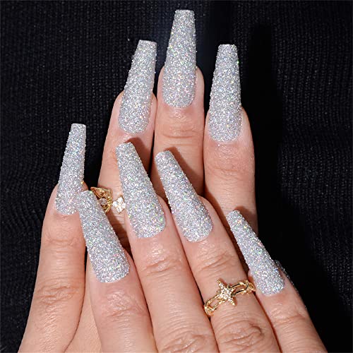 Sparkly Shiny Long Coffin Press On False Nails Medium Length Full Cover Acrylic Fake Nails Ballerina Nails for Women Lady Fashion Nails for Nail Salons and Home DIY Nail Art 24PCS (BKS1270 Silver)