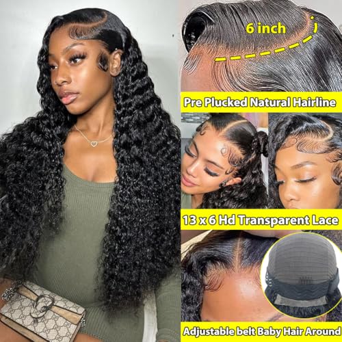 Deep Wave Lace Front Wigs Human Hair 13x6 Lace Front Wigs Human Hair Deep Curly lace Frontal Wigs for Black Women Pre Plucked with Natural Color 20 Inch