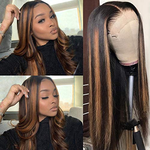 Smartinnov Dart Roots Brown Highlight Wig Ombre Blonde Human Hair Natural Black Mixed Medium Brown Highlights 13x4 Lace Front Pre Plucked with Baby Hair Silky Straight 16" 150% Bleached Knots Wigs
