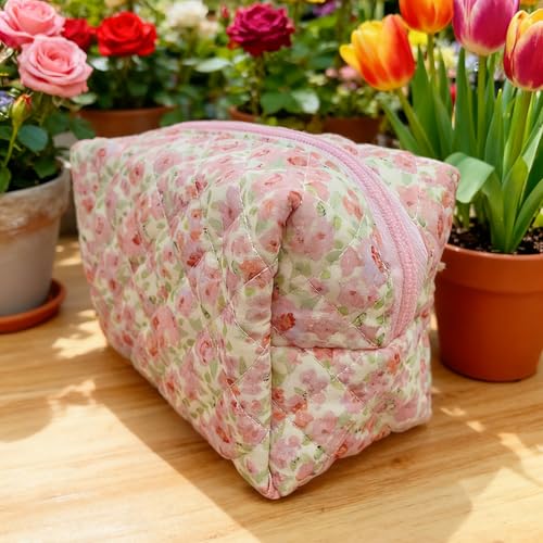 24 PCS Cotton Quilted Makeup Bag Bulk with Zipper- Floral Bridesmaid Gifts Cosmetic Makeup Pouch Bag Travel Portable Preppy Gifts for Women(24 Pack)
