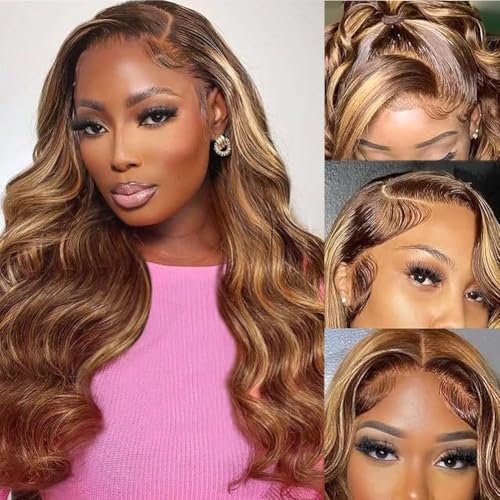 Ombre Human Hair Wig 13x4 Body Wave Lace Front Wigs Human Hair Honey Blonde Wig Human Hair Pre Plucked with Baby Hair 200 Density 4/27 Highlight Glueless Wigs for Black Women 28 Inch