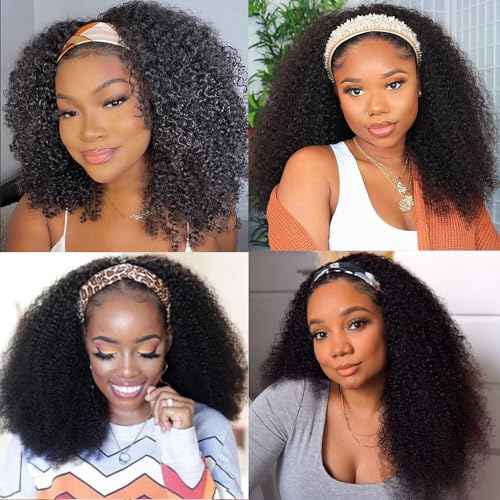 XSY Headband Wig Human Hair Kinky Curly 20 Inch Headband Wigs for Black Women Deep Curly Human Hair Wigs None Lace Front Wig 150% Density Natural Black Color