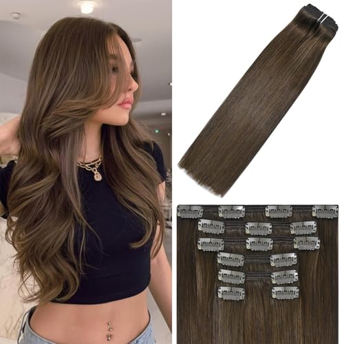 WindTouch Clip in Hair Extensions Real Human Hair #4 Medium Brown Hair Extensions Clip Ins 16inch 120g 7Pcs Human Hair Clip in Extensions Soft Straight Hair Extensions