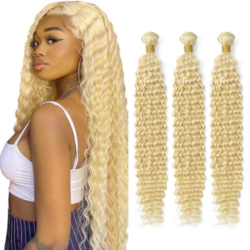 Blonde Wet and Waye Human Hair Color 613 Deep Wave Bundles 18 20 22 inch Double Weft Brazilian Hair Extensions 613 Deep Curly Bundles for Women
