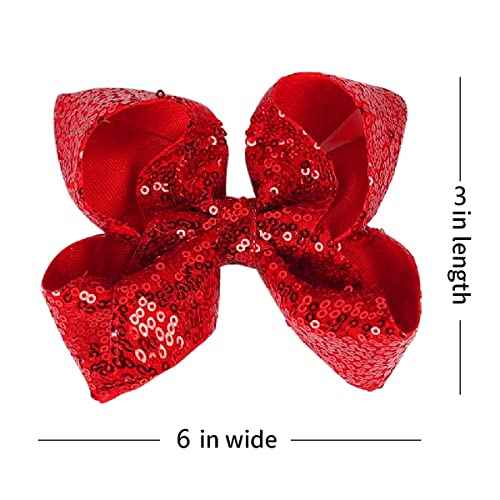 6 Inch Red Sparkly Glitter Sequin Hair Bows for Girls Toddlers Kids Children Teenage (2PCS)